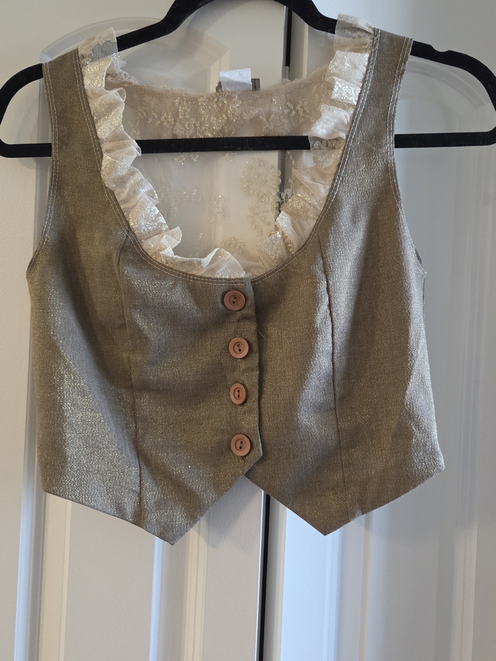Women's Shimmery Taupe Button-Front Vest with Ruffle Trim